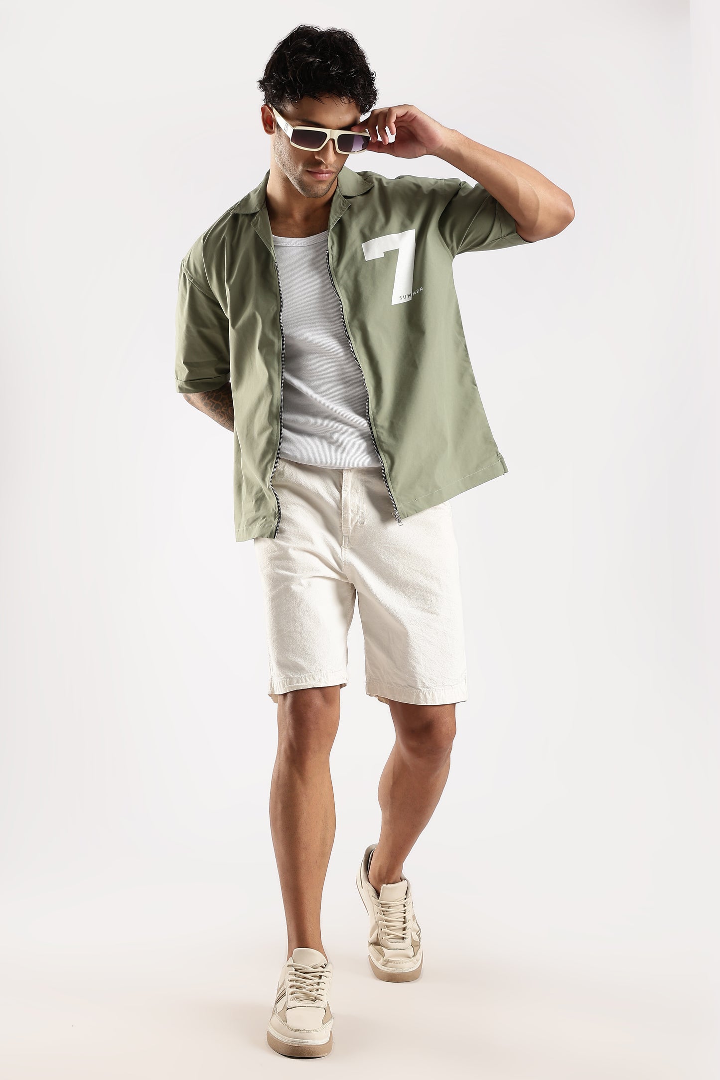 Poly Cotton Slim Fit Zip-Up Shirt Green