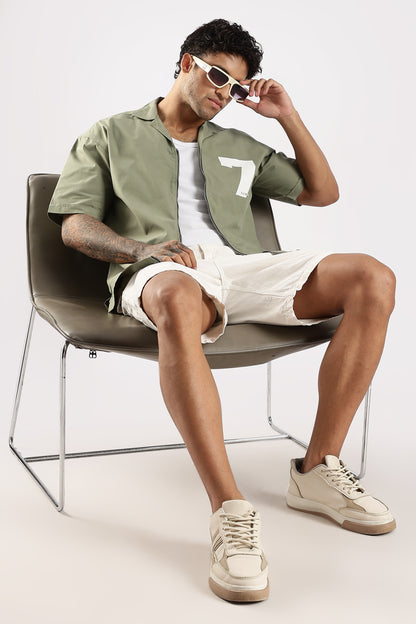 Cotton Slim Fit Zip-Up Shirt Green