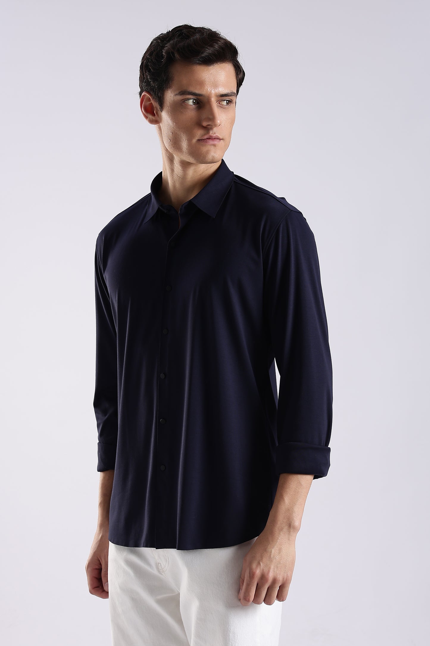 Knitted Tencel Stichless Finish Shirt Navy