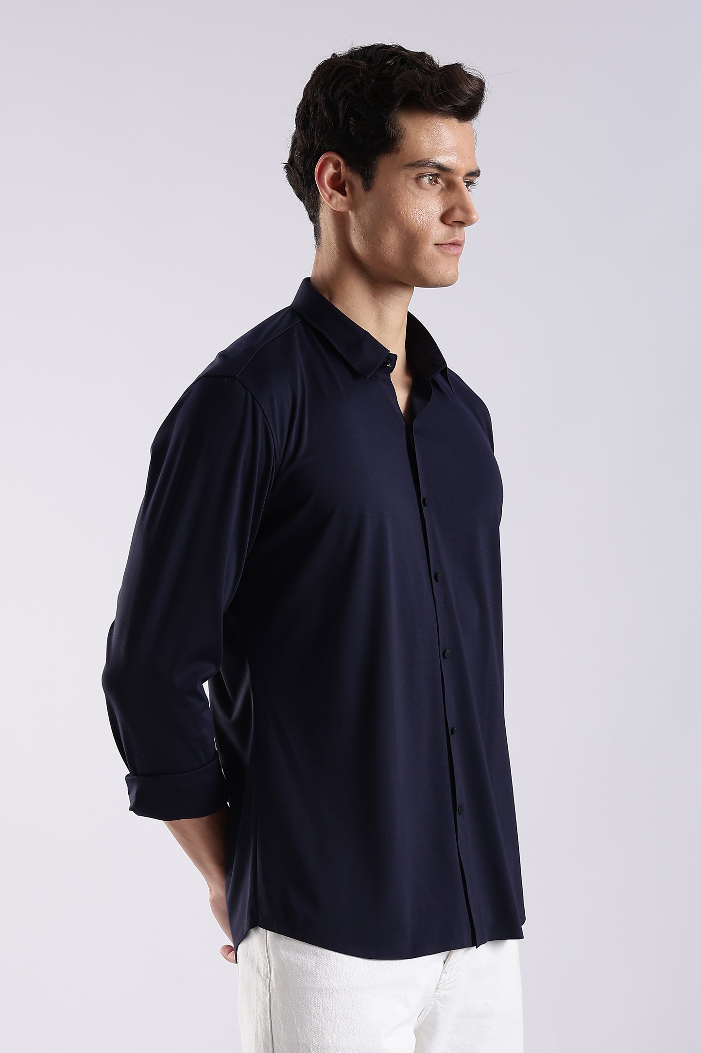 Knitted Tencel Stichless Finish Shirt Navy