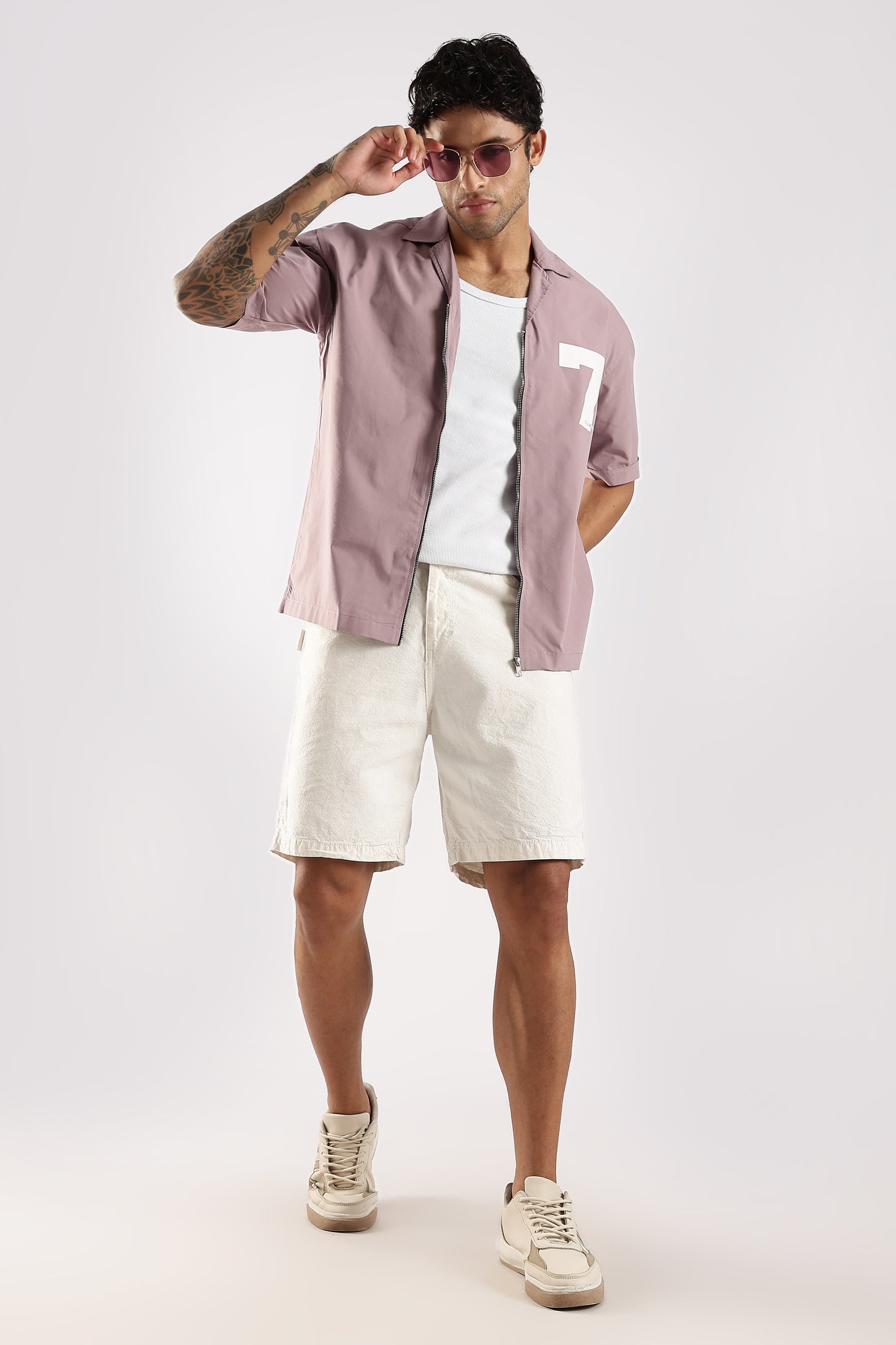 Poly Cotton Slim Fit Zip-Up Shirt Lavender