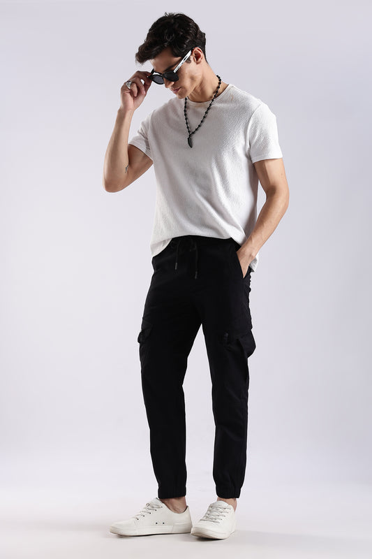100% Cotton Slim Fit Cargo Pants Black