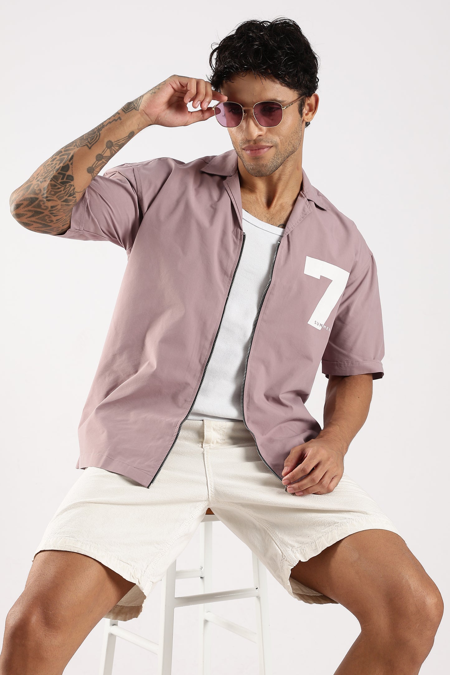 Poly Cotton Slim Fit Zip-Up Shirt Lavender