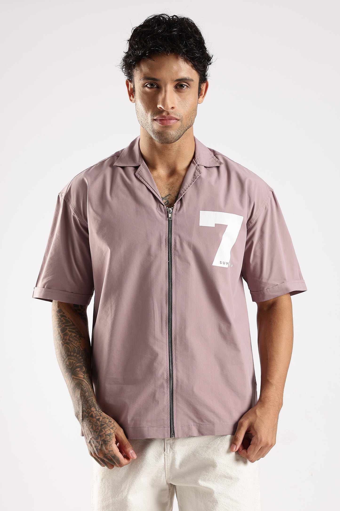 Poly Cotton Slim Fit Zip-Up Shirt Lavender