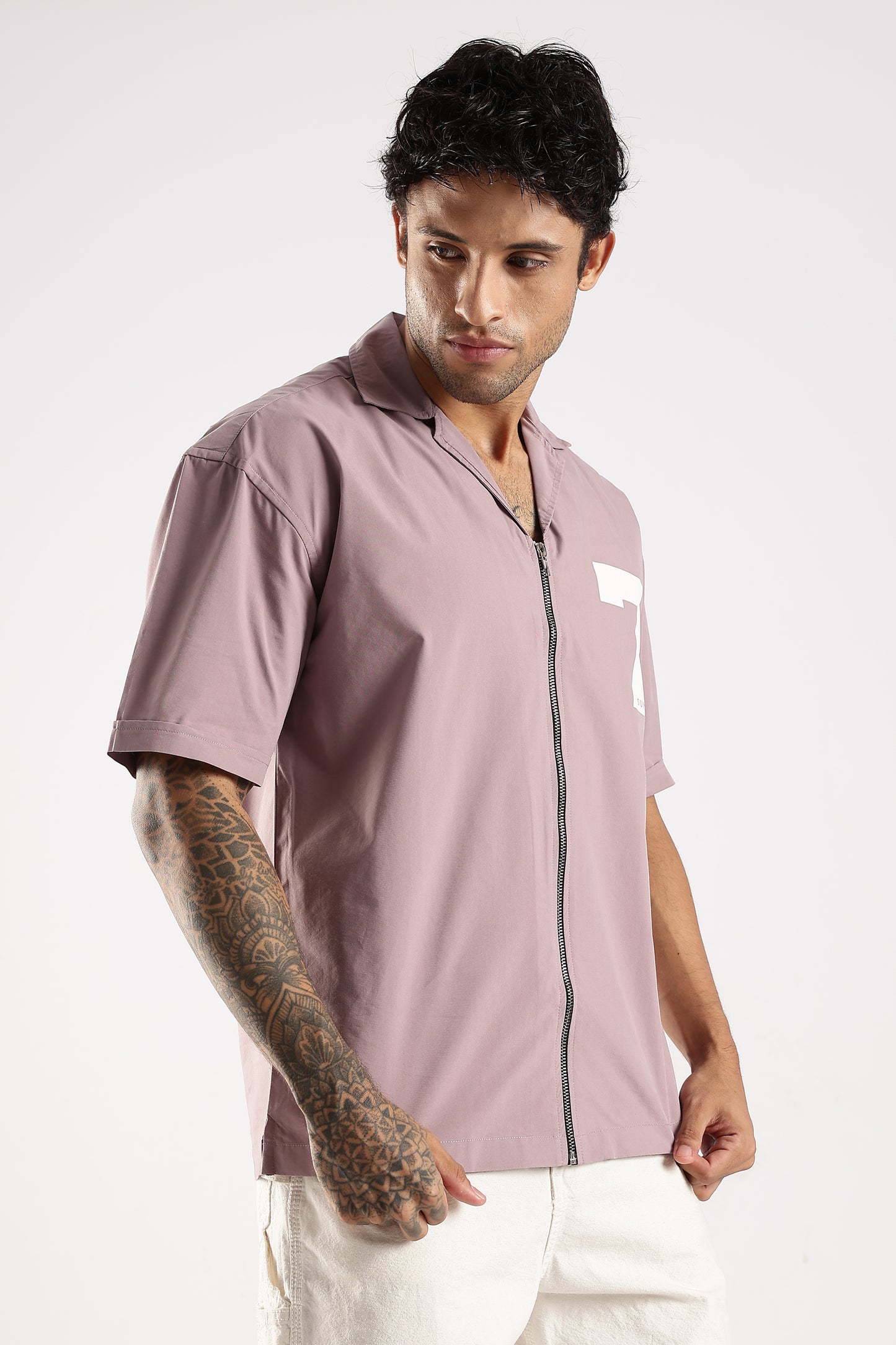 Poly Cotton Slim Fit Zip-Up Shirt Lavender