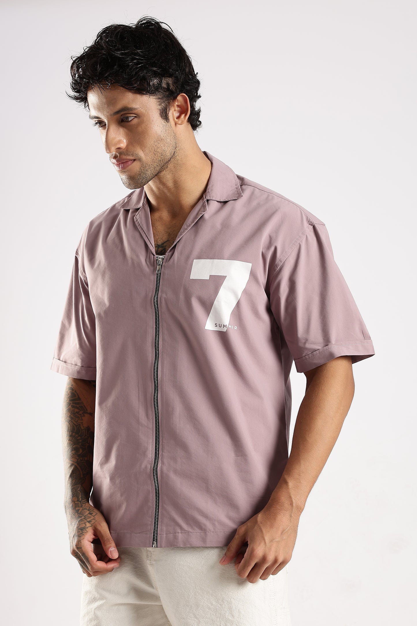 Poly Cotton Slim Fit Zip-Up Shirt Lavender
