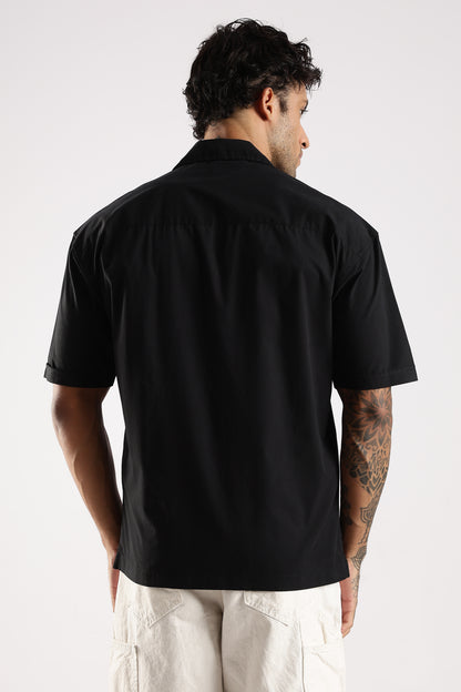 Cotton Slim Fit Zip-Up Shirt Black