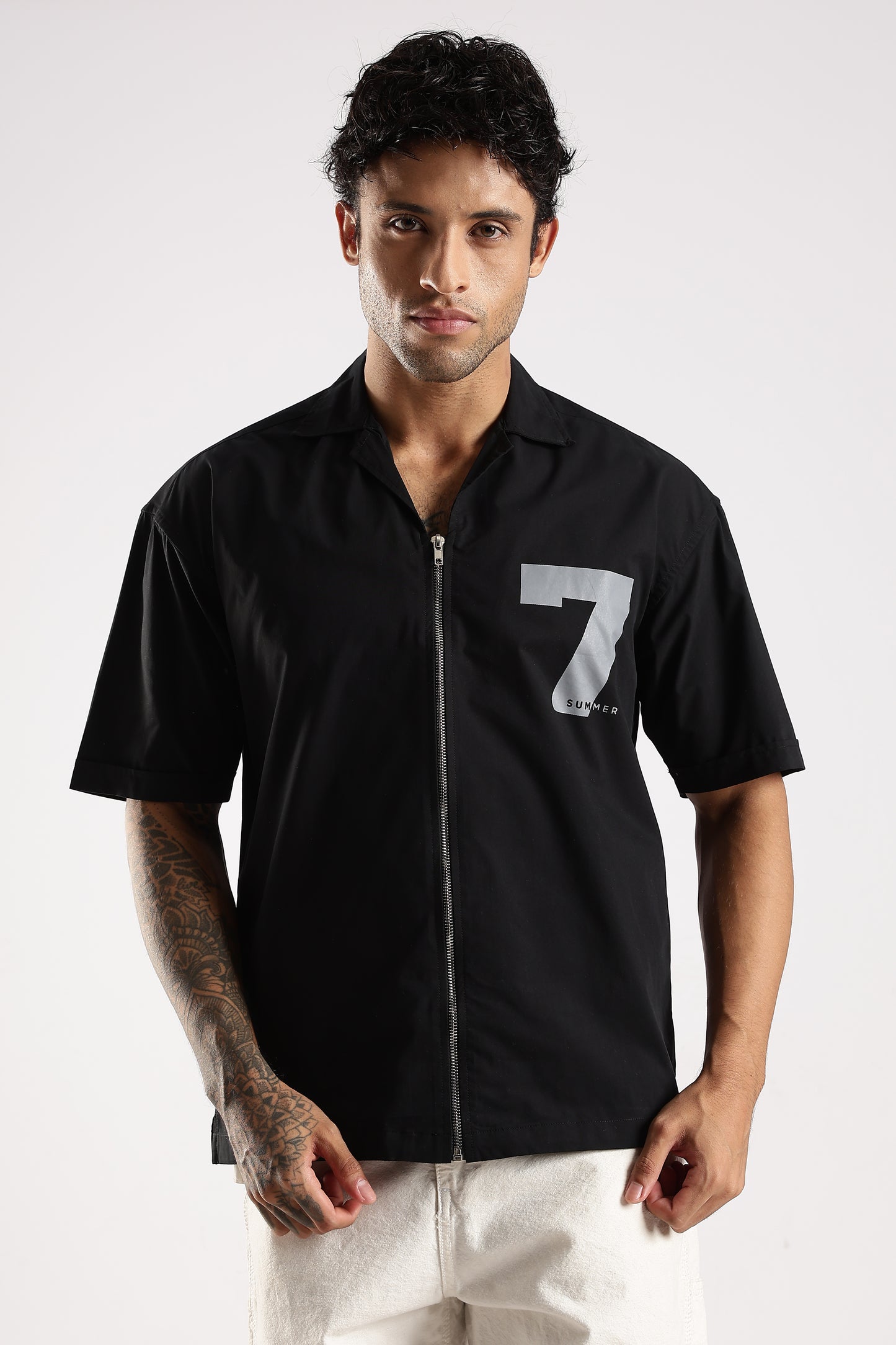 Poly Cotton Slim Fit Zip-Up Shirt Black