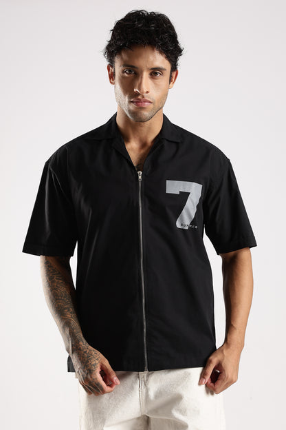 Cotton Slim Fit Zip-Up Shirt Black