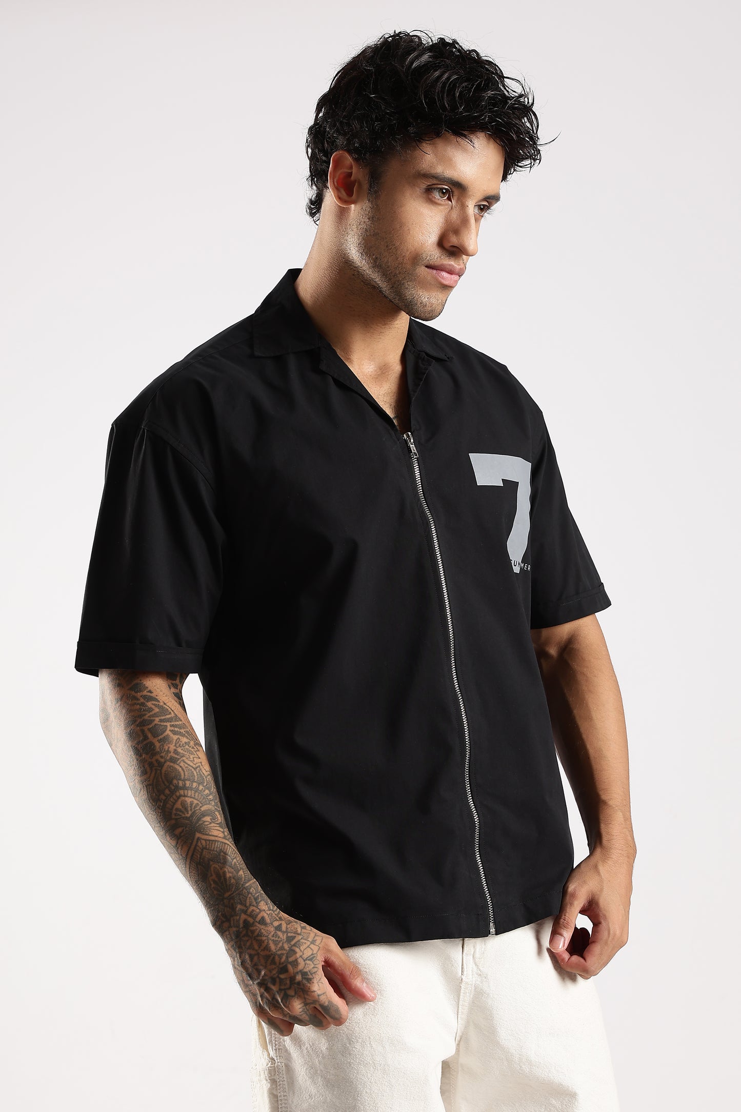 Poly Cotton Slim Fit Zip-Up Shirt Black