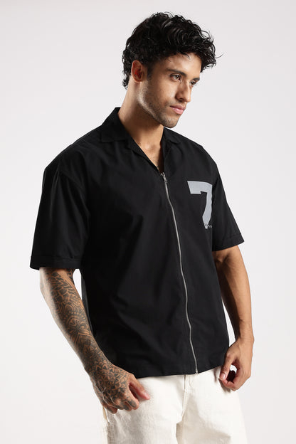Cotton Slim Fit Zip-Up Shirt Black