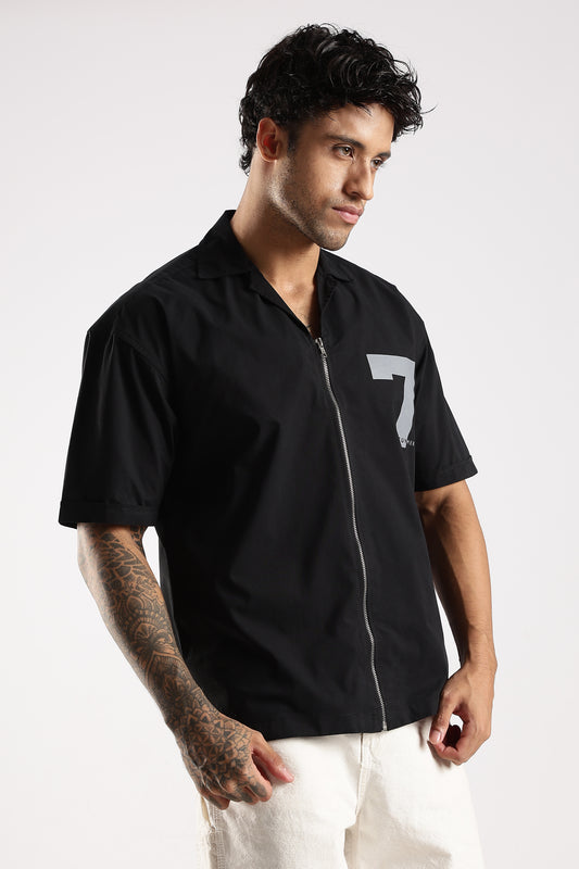 Cotton Slim Fit Zip-Up Shirt Black