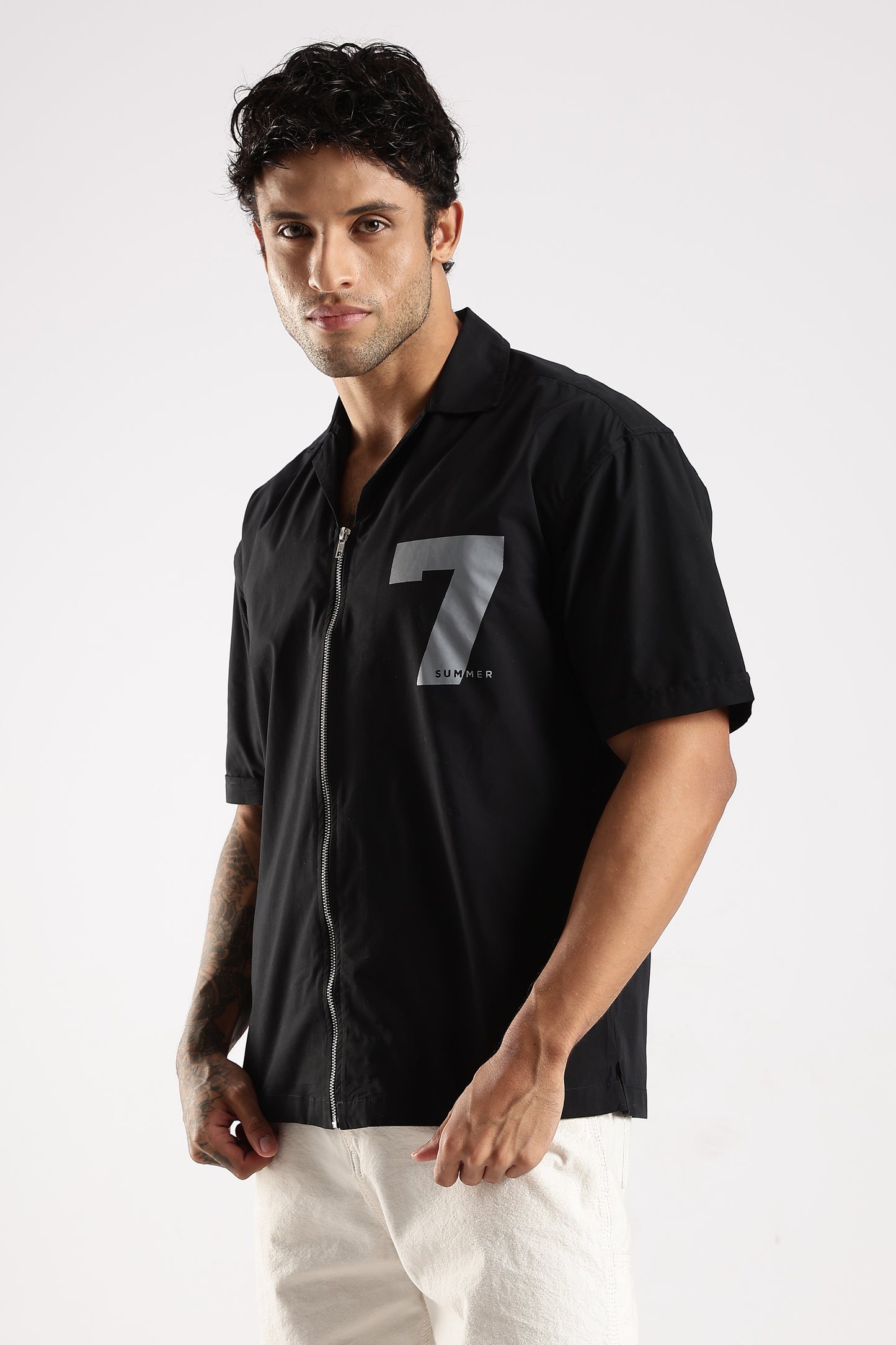Poly Cotton Slim Fit Zip-Up Shirt Black