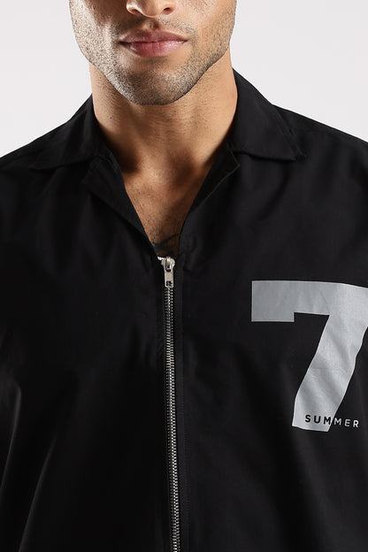 Cotton Slim Fit Zip-Up Shirt Black