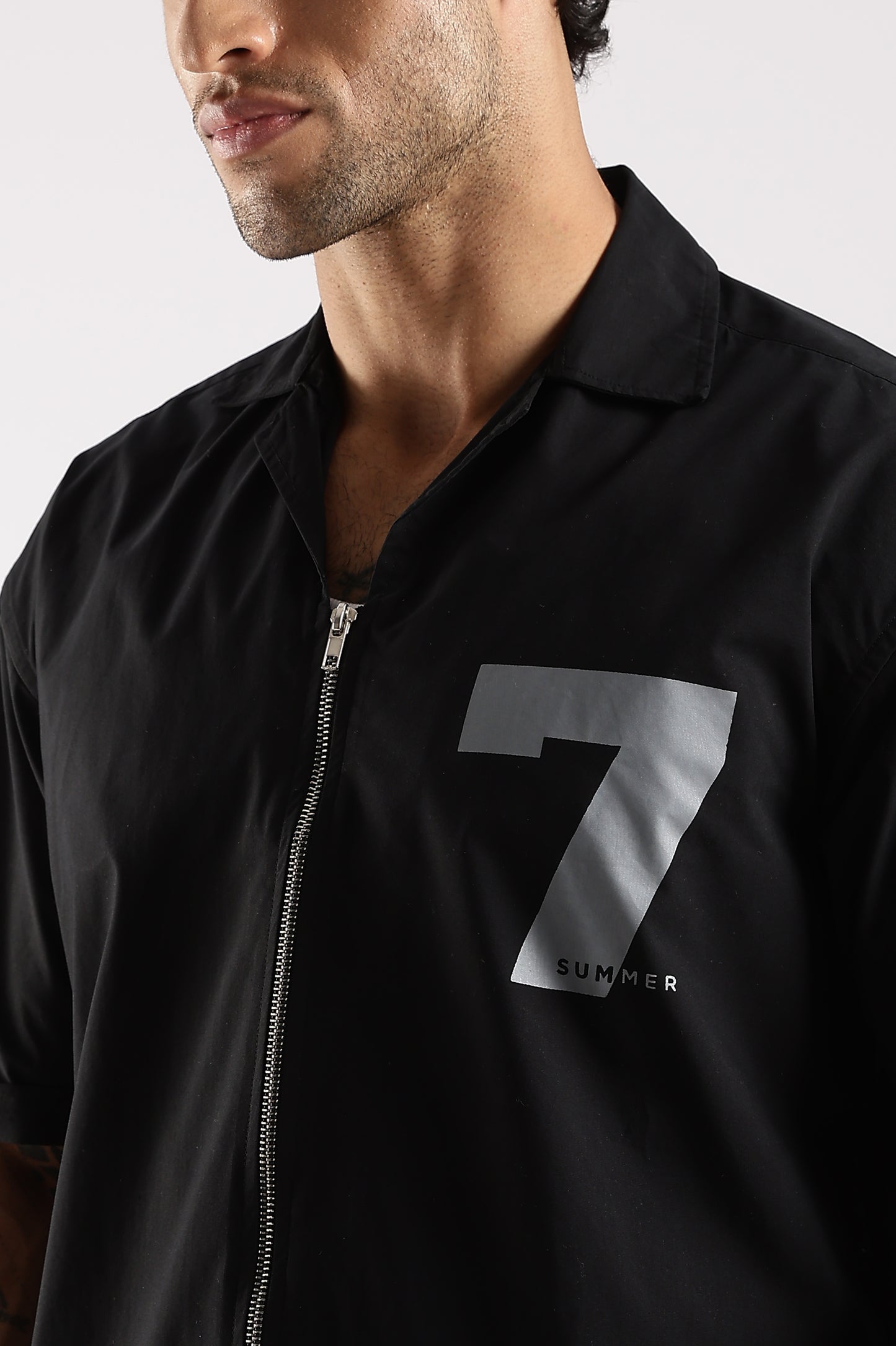 Poly Cotton Slim Fit Zip-Up Shirt Black