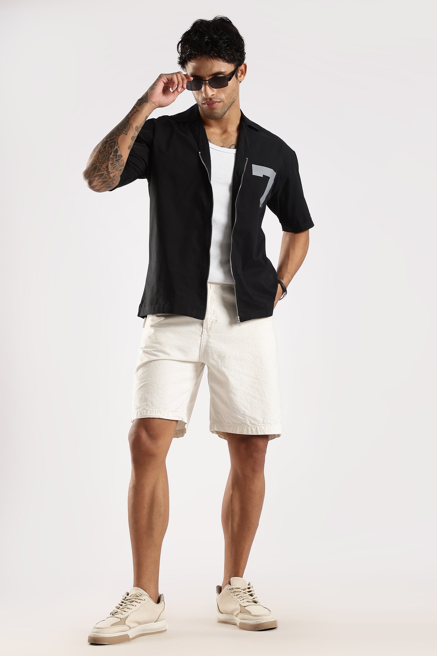 Poly Cotton Slim Fit Zip-Up Shirt Black