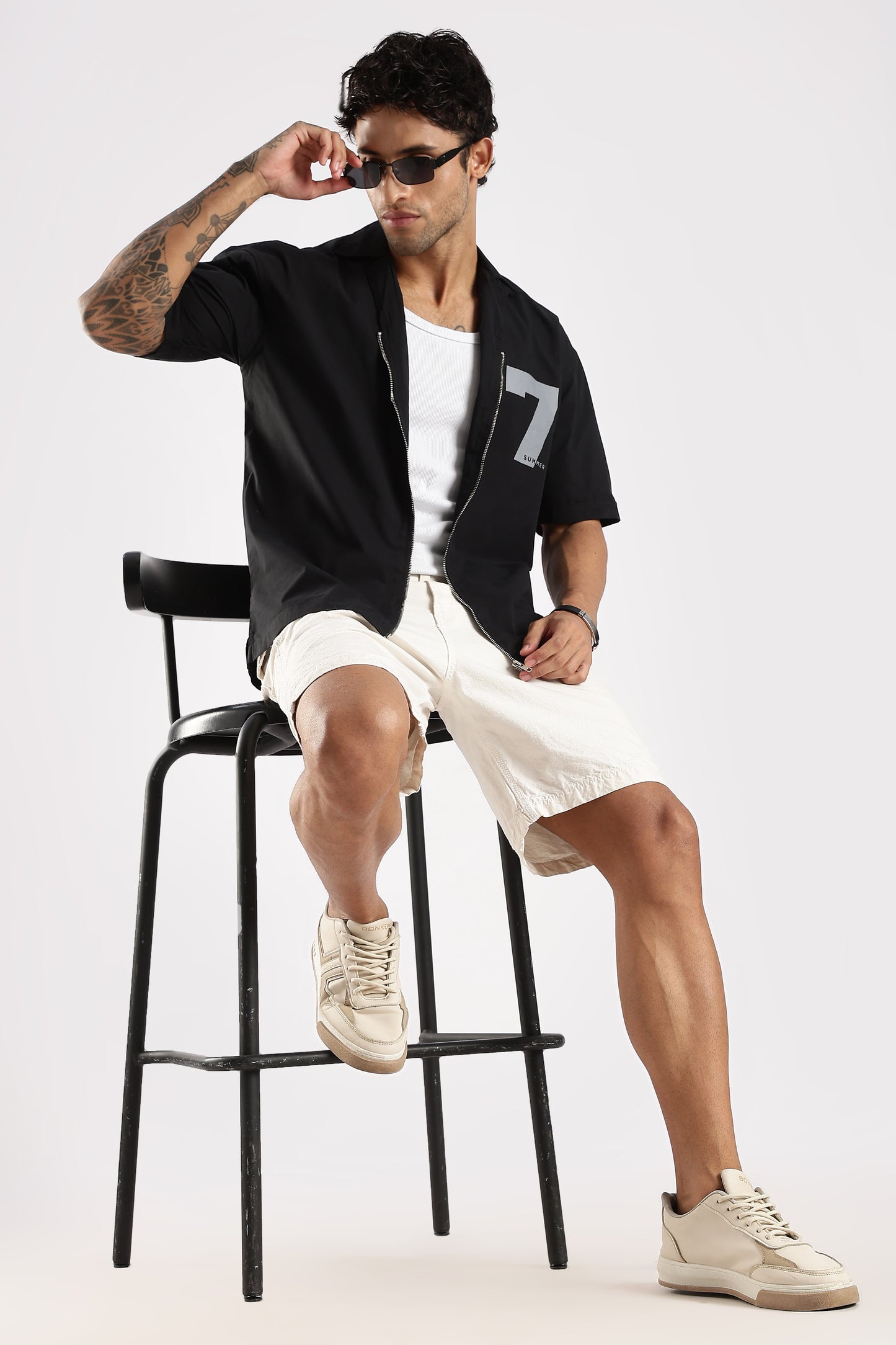 Poly Cotton Slim Fit Zip-Up Shirt Black