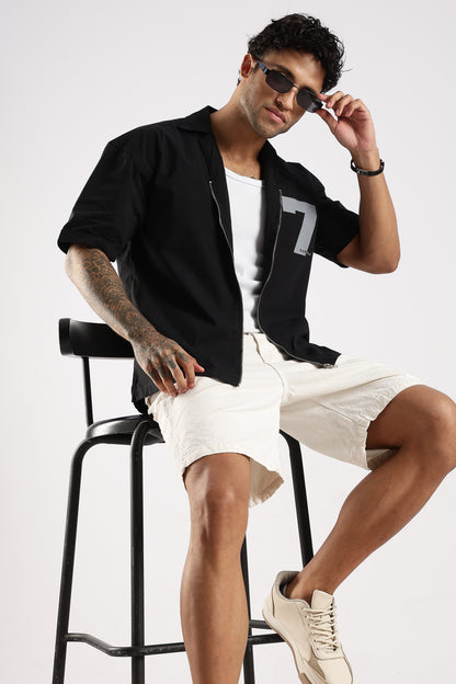 Cotton Slim Fit Zip-Up Shirt Black
