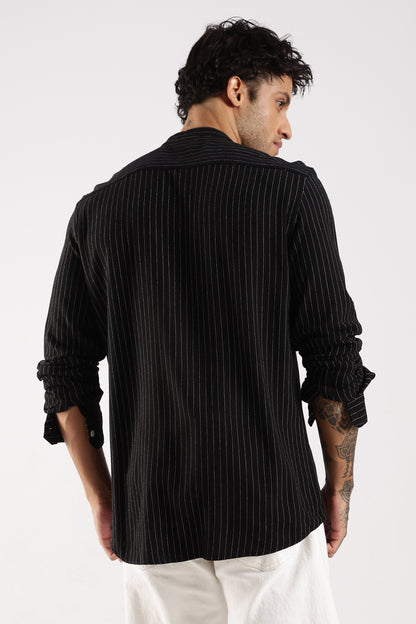 Linen Blend Slim Fit Striped Shirt Black