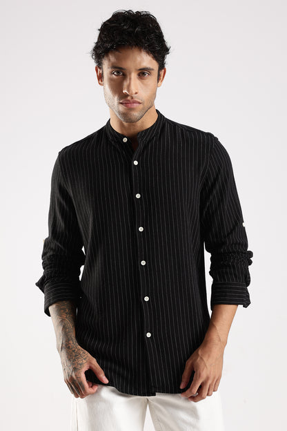 Linen Blend Slim Fit Striped Shirt Black