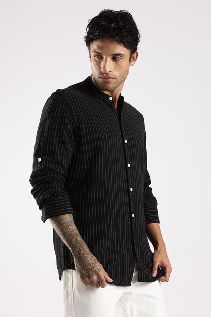 Linen Blend Slim Fit Striped Shirt Black