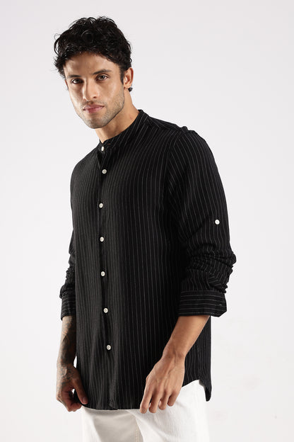Linen Blend Slim Fit Striped Shirt Black