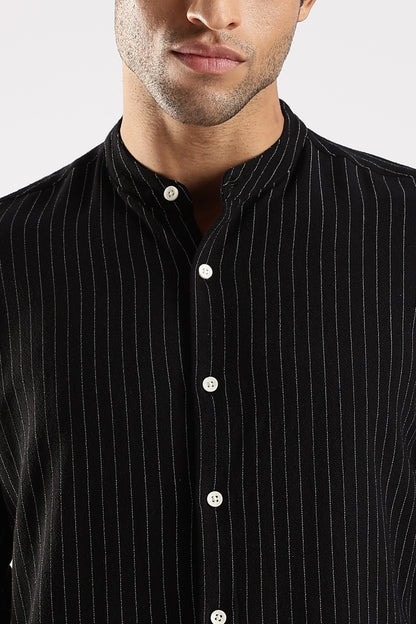Linen Blend Slim Fit Striped Shirt Black