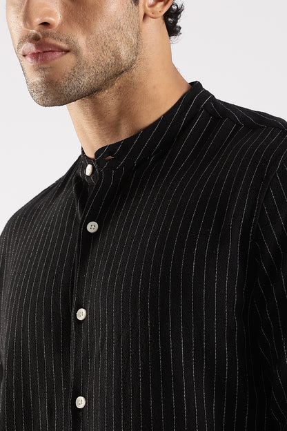 Linen Blend Slim Fit Striped Shirt Black