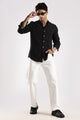 Linen Blend Slim Fit Striped Shirt Black