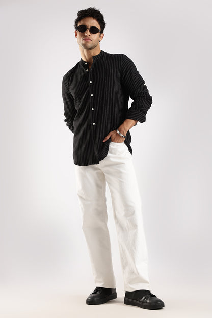 Linen Blend Slim Fit Striped Shirt Black