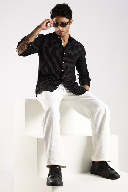Linen Blend Slim Fit Striped Shirt Black