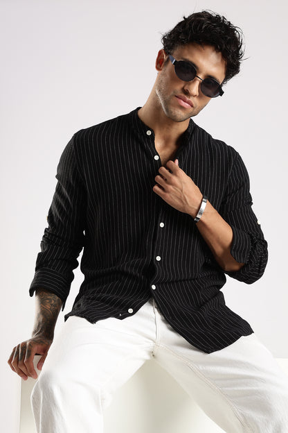 Linen Blend Slim Fit Striped Shirt Black