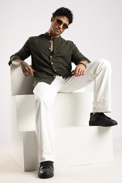 Linen Blend Slim Fit Striped Shirt Green