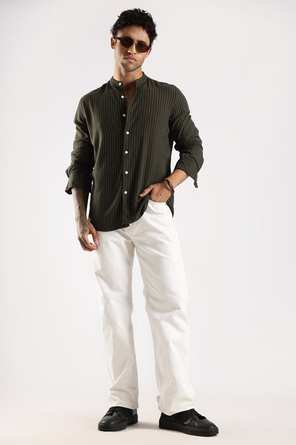 Linen Blend Slim Fit Striped Shirt Green