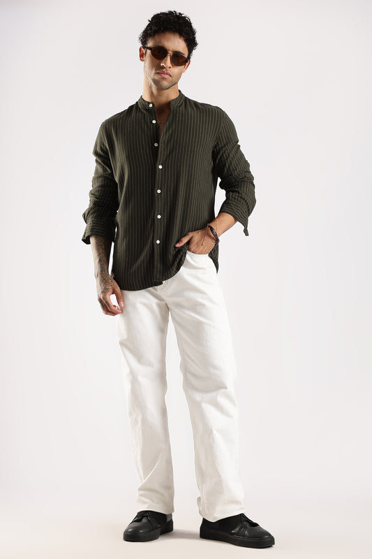Linen Blend Slim Fit Striped Shirt Green