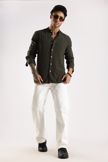 Linen Blend Slim Fit Striped Shirt Green
