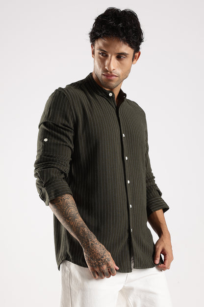 Linen Blend Slim Fit Striped Shirt Green