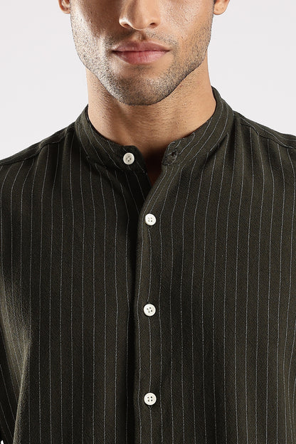 Linen Blend Slim Fit Striped Shirt Green