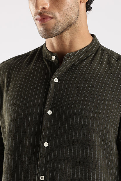 Linen Blend Slim Fit Striped Shirt Green