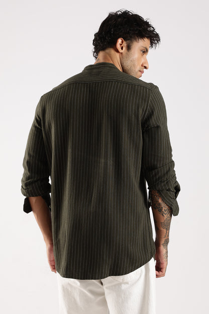 Linen Blend Slim Fit Striped Shirt Green