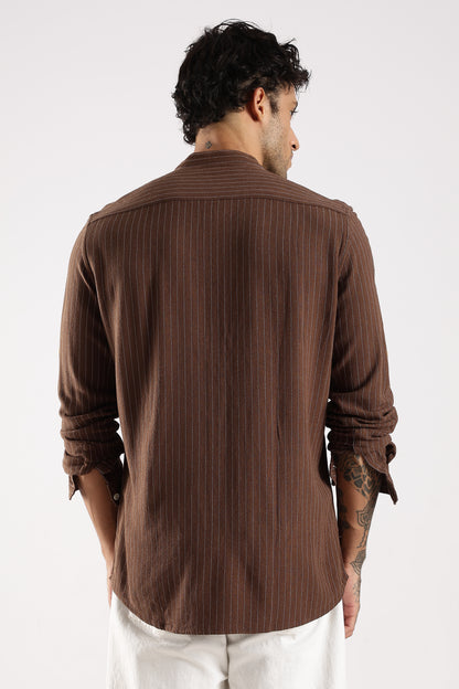 Linen Blend Slim Fit Striped Shirt Brown