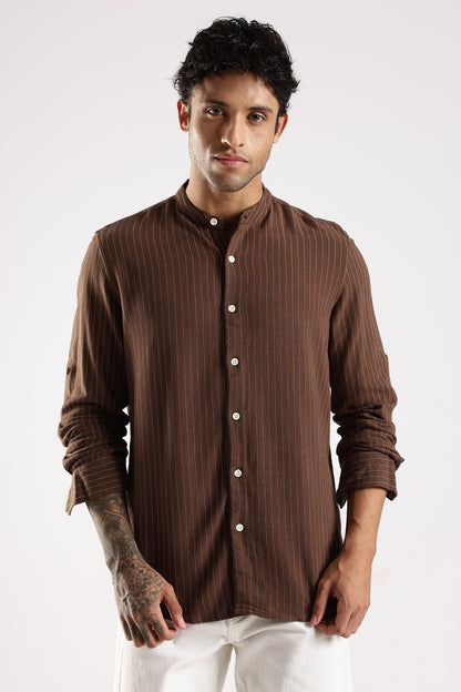 Linen Blend Slim Fit Striped Shirt Brown