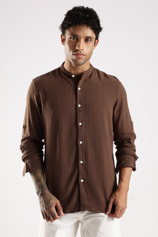 Linen Blend Slim Fit Striped Shirt Brown