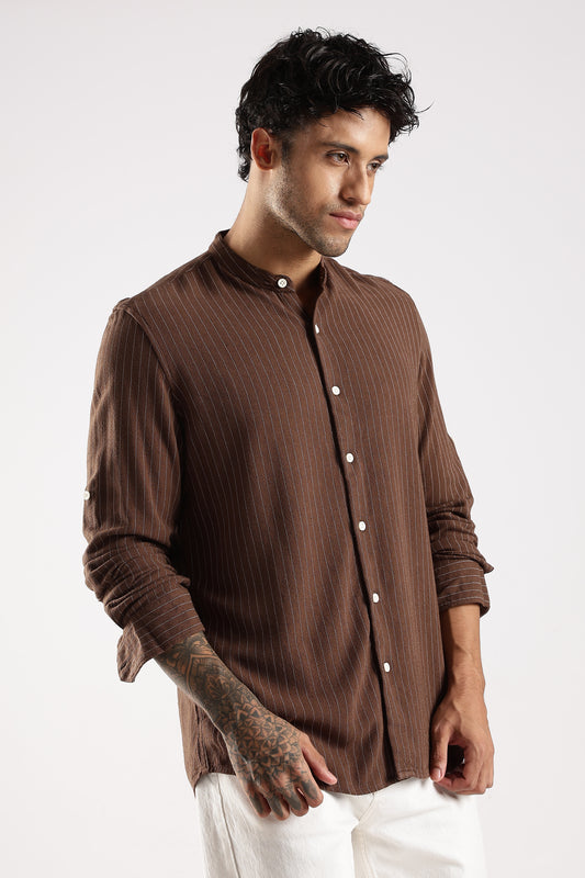 Linen Blend Slim Fit Striped Shirt Brown