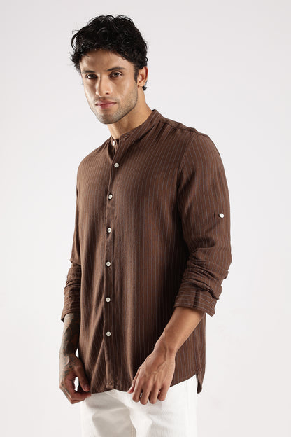 Linen Blend Slim Fit Striped Shirt Brown