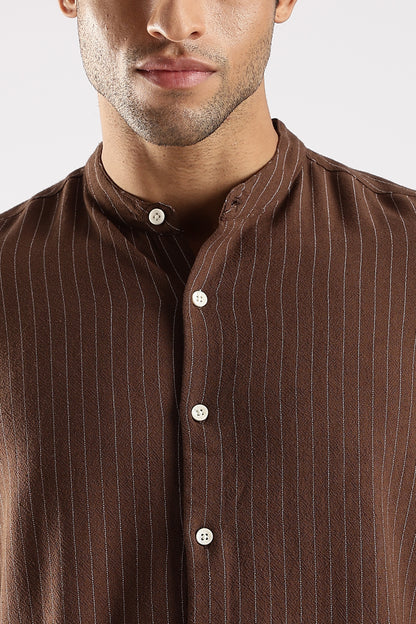 Linen Blend Slim Fit Striped Shirt Brown