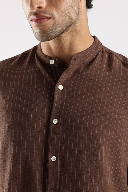 Linen Blend Slim Fit Striped Shirt Brown