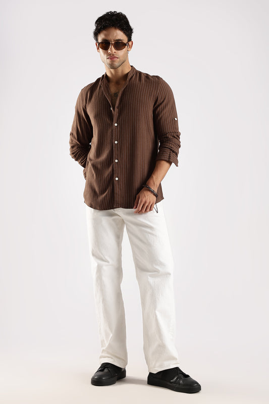 Linen Blend Slim Fit Striped Shirt Brown