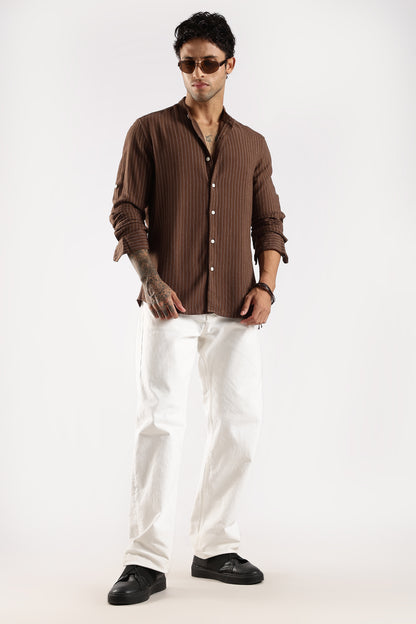Linen Blend Slim Fit Striped Shirt Brown