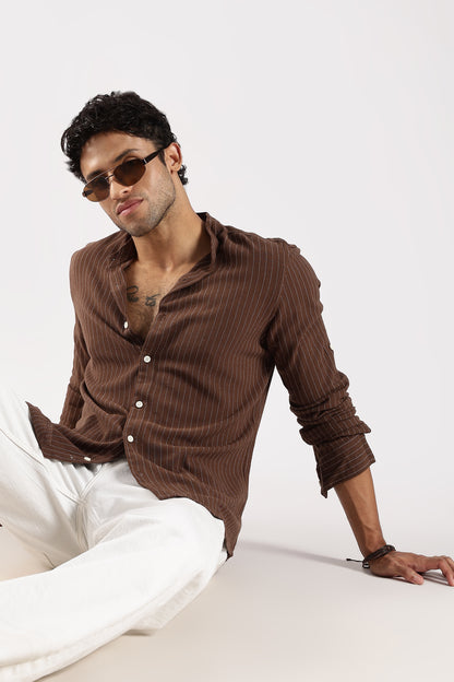 Linen Blend Slim Fit Striped Shirt Brown